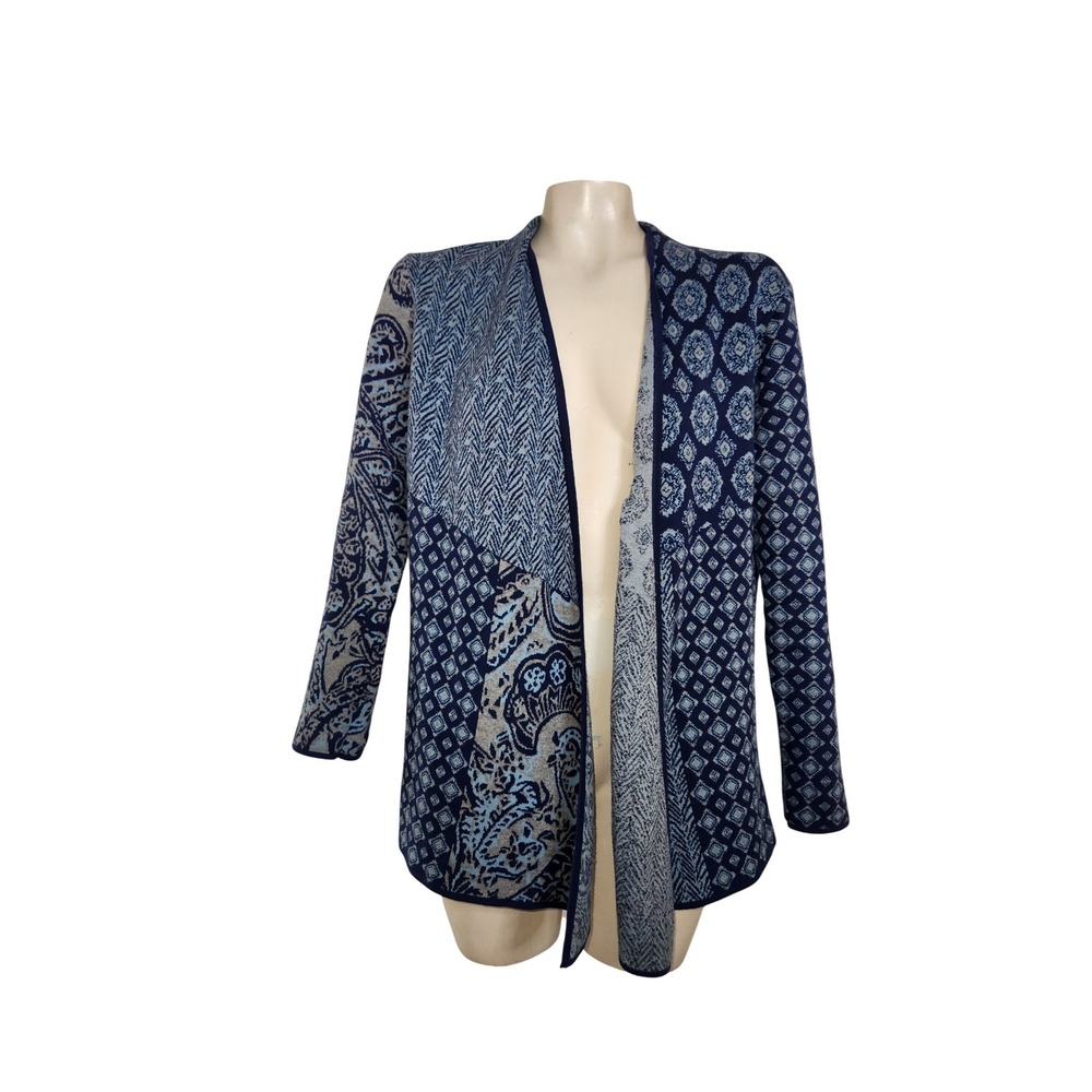 J. Jill Blue Mixed Print Jacquard Open Front Cardigan Sweater SP patchwork Comfy